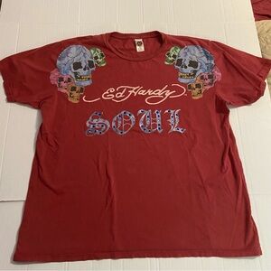 Ed Hardy by Christian Audigier Y2K  Skull Soul Bling Faded  Cotton T-Shirt 2XL